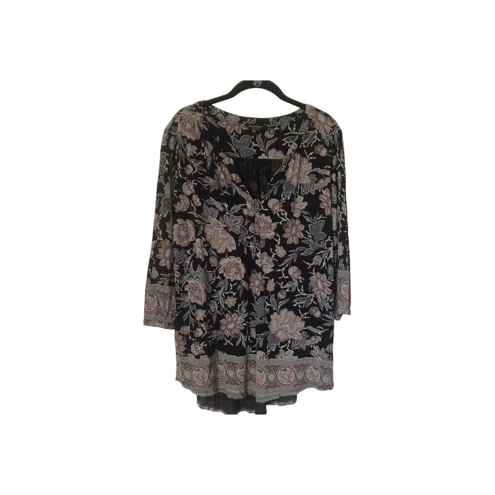 Lucky Brand Top Womens Size 1X Black Floral V-neck Button Boho Tunic Blouse